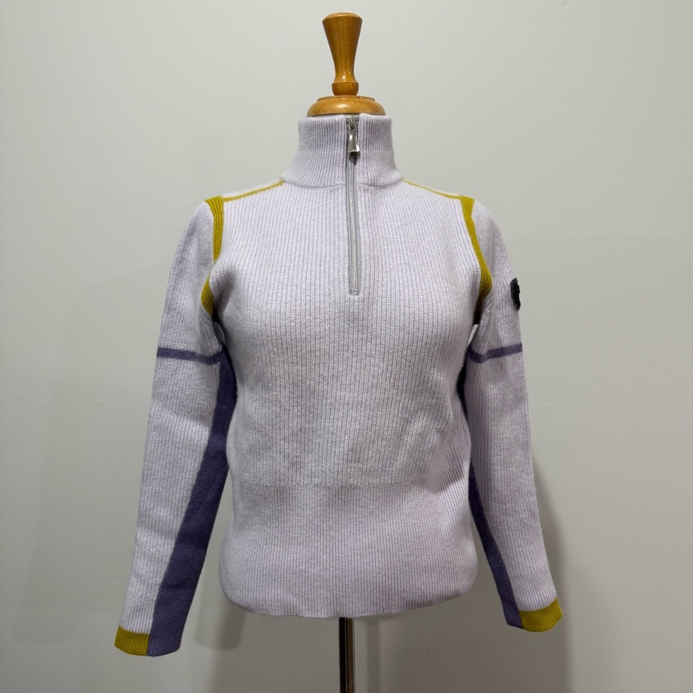 Helly Hansen White Pullover Cowl Neck Sweater with Yellow and Purple Accents